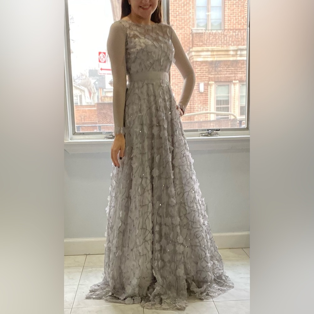 Eliza j grey ball gown beautiful hand sewn flowers with sequin detail
